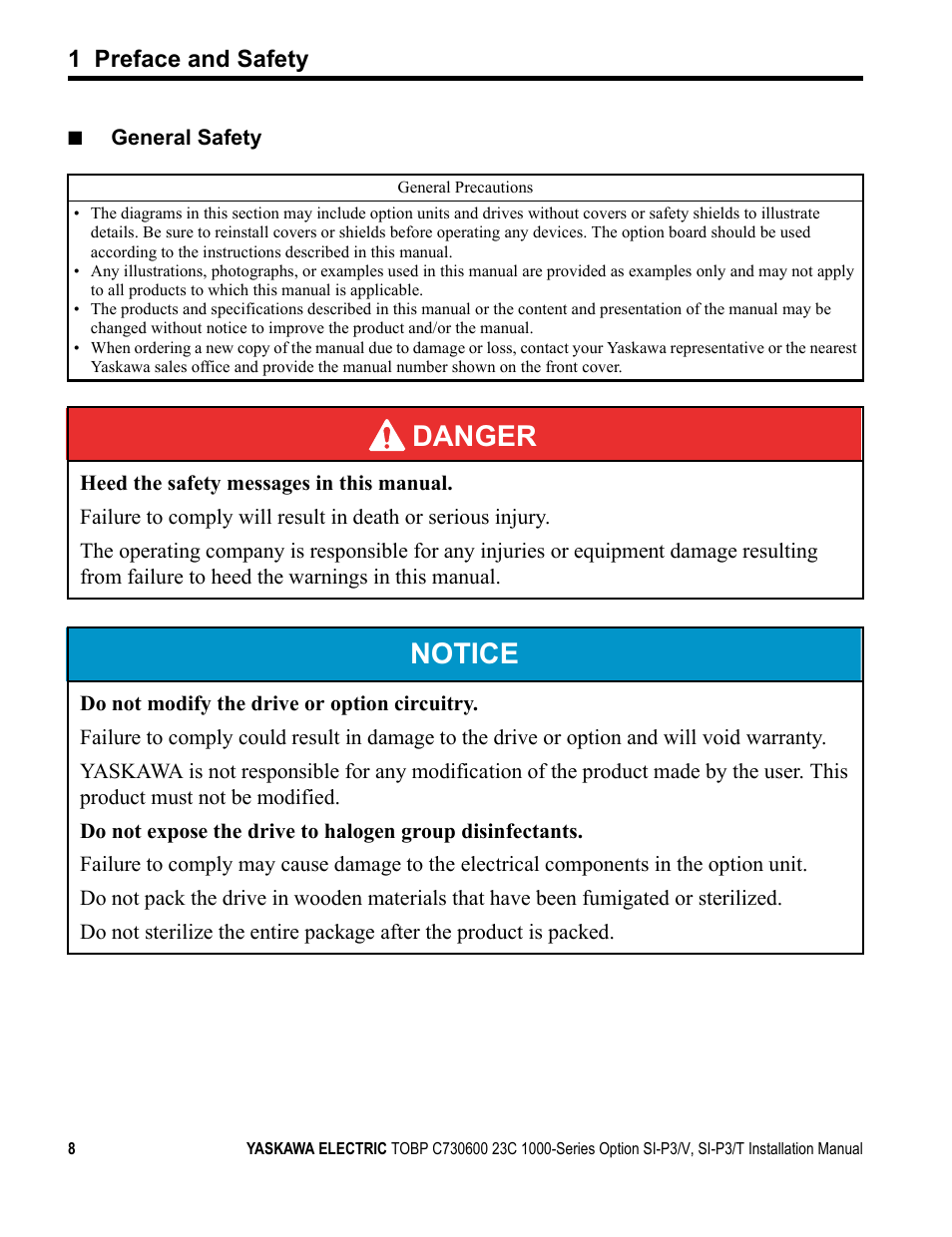 Danger, Notice, 1 preface and safety | Yaskawa PG-X2G5 User Manual | Page 8 / 38