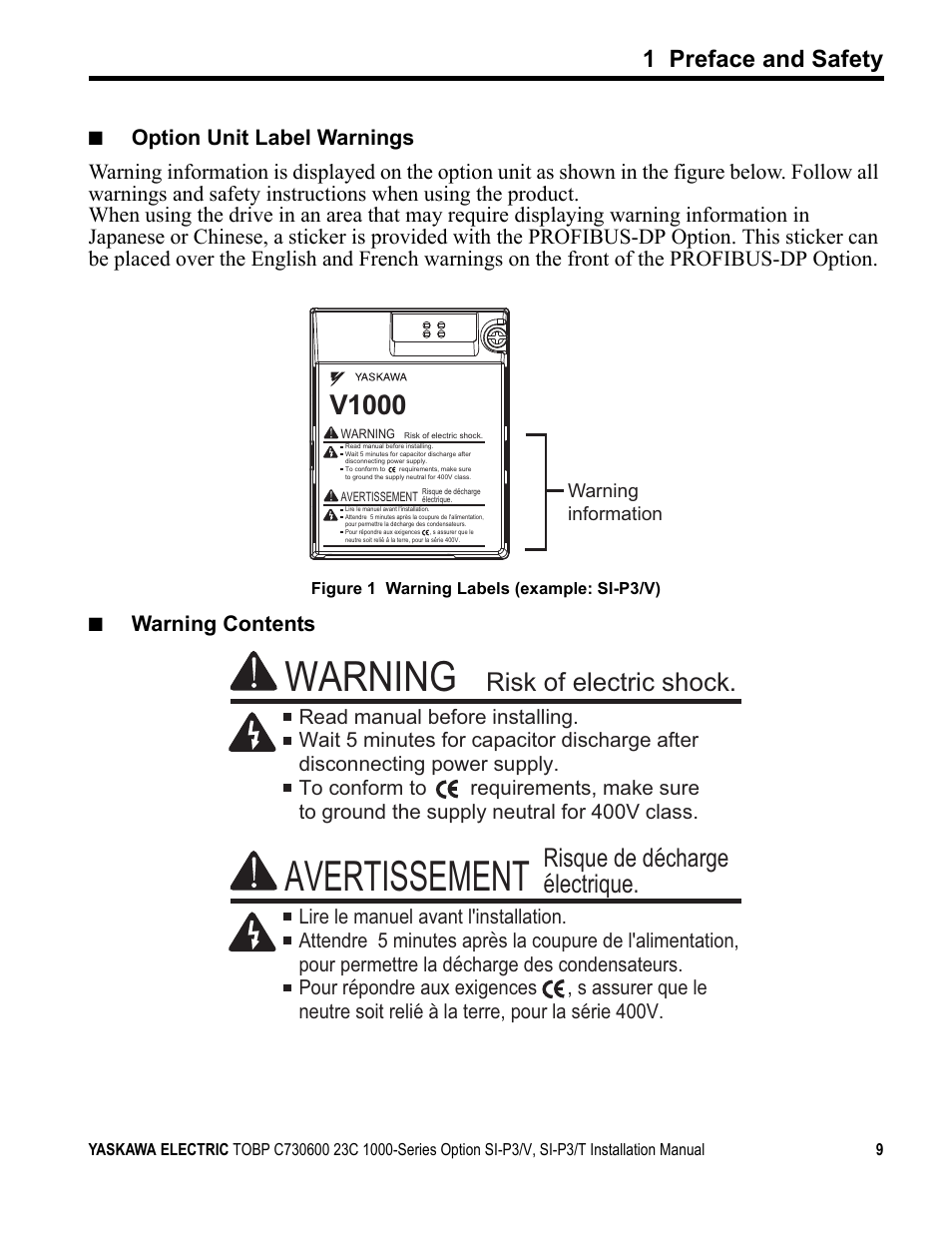 Avertissement, Warning, V1000 | 1 preface and safety | Yaskawa PG-X2G5 User Manual | Page 9 / 38