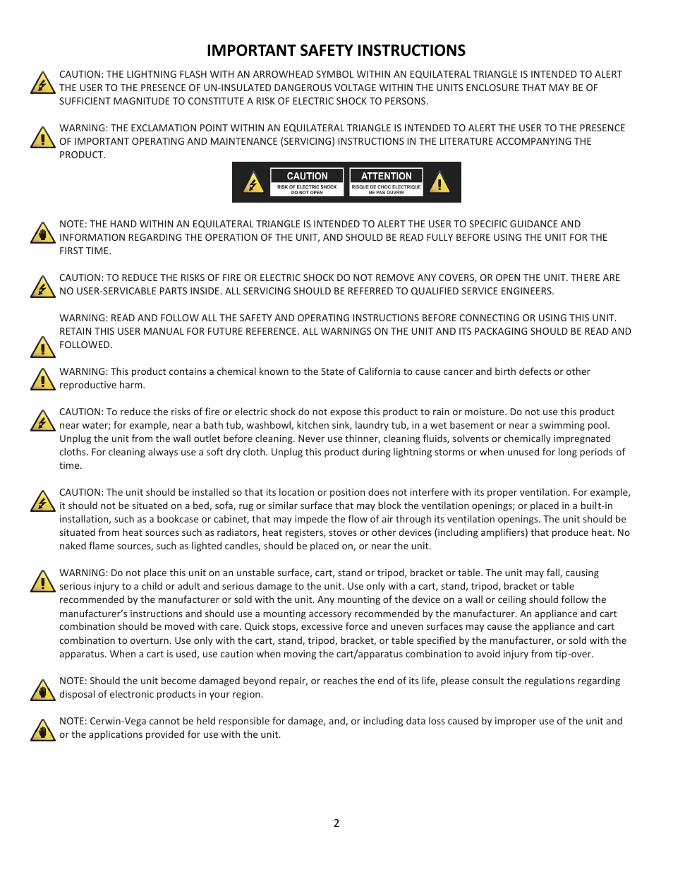 Important safety instructions | Cerwin-Vega Professional Audio Mixer CVM-1022 User Manual | Page 2 / 96