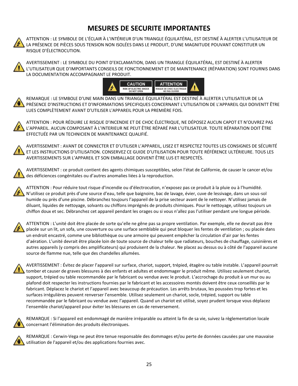 Mesures de securite importantes | Cerwin-Vega Professional Audio Mixer CVM-1022 User Manual | Page 25 / 96