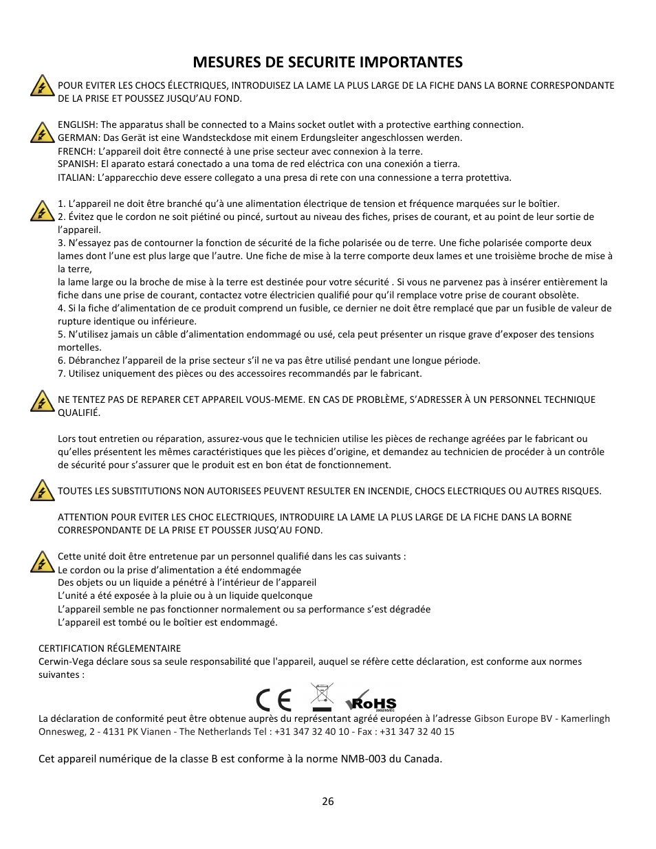Mesures de securite importantes | Cerwin-Vega Professional Audio Mixer CVM-1022 User Manual | Page 26 / 96