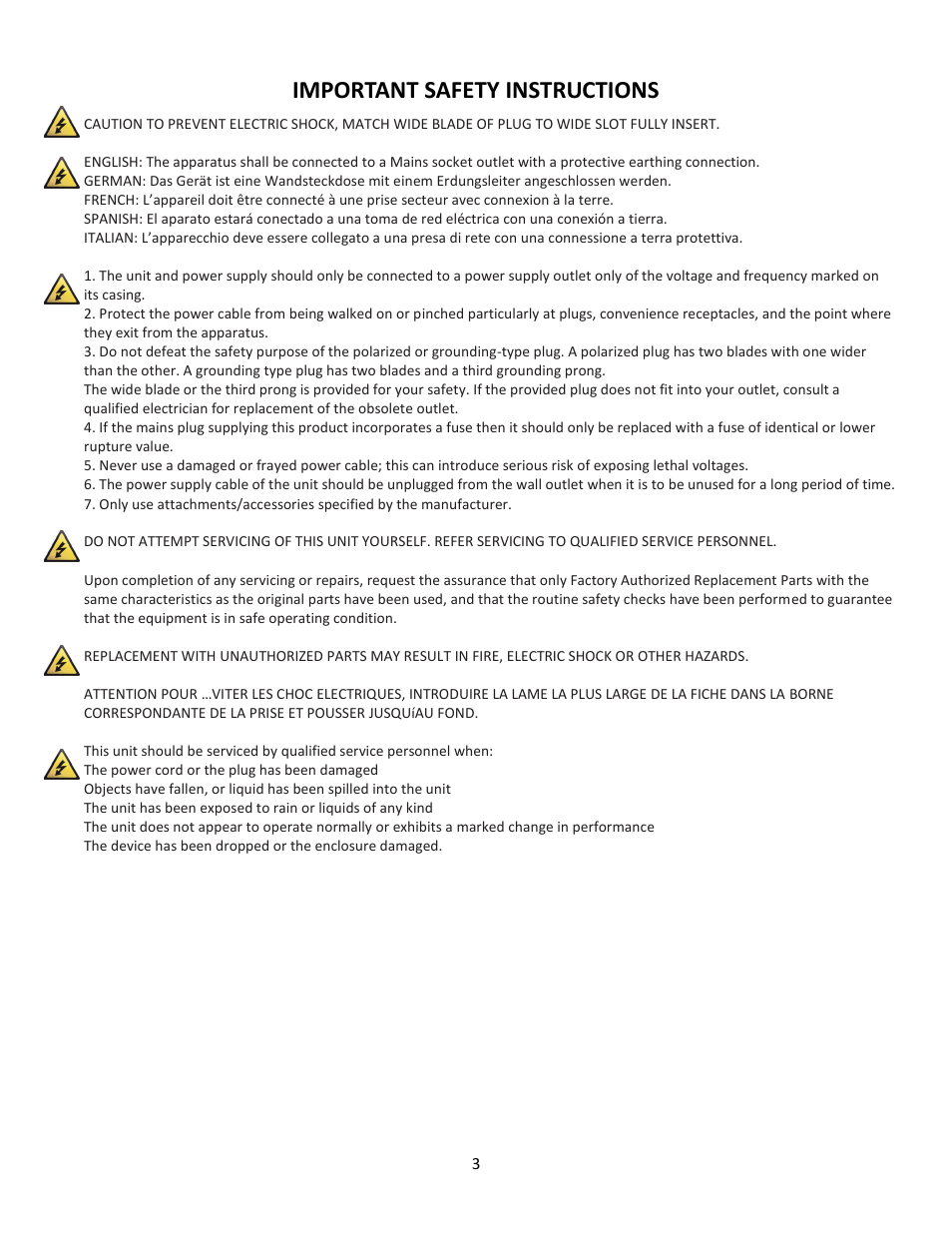 Important safety instructions | Cerwin-Vega Professional Audio Mixer CVM-1022 User Manual | Page 3 / 96