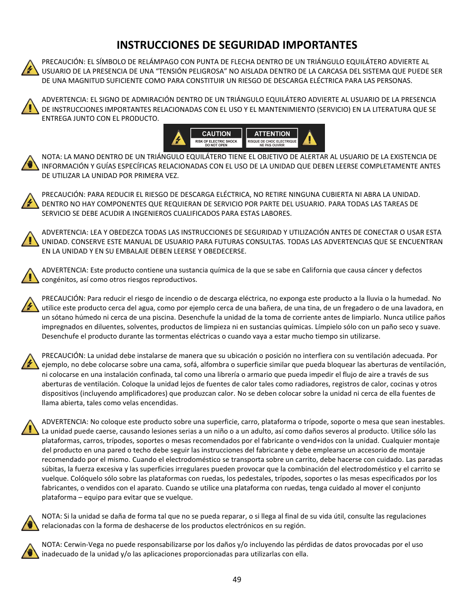 Instrucciones de seguridad importantes | Cerwin-Vega Professional Audio Mixer CVM-1022 User Manual | Page 49 / 96
