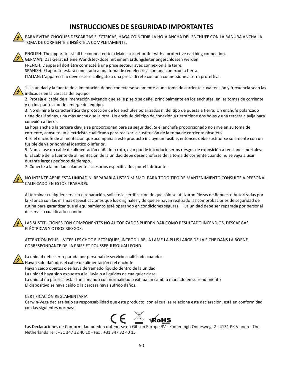 Instrucciones de seguridad importantes | Cerwin-Vega Professional Audio Mixer CVM-1022 User Manual | Page 50 / 96
