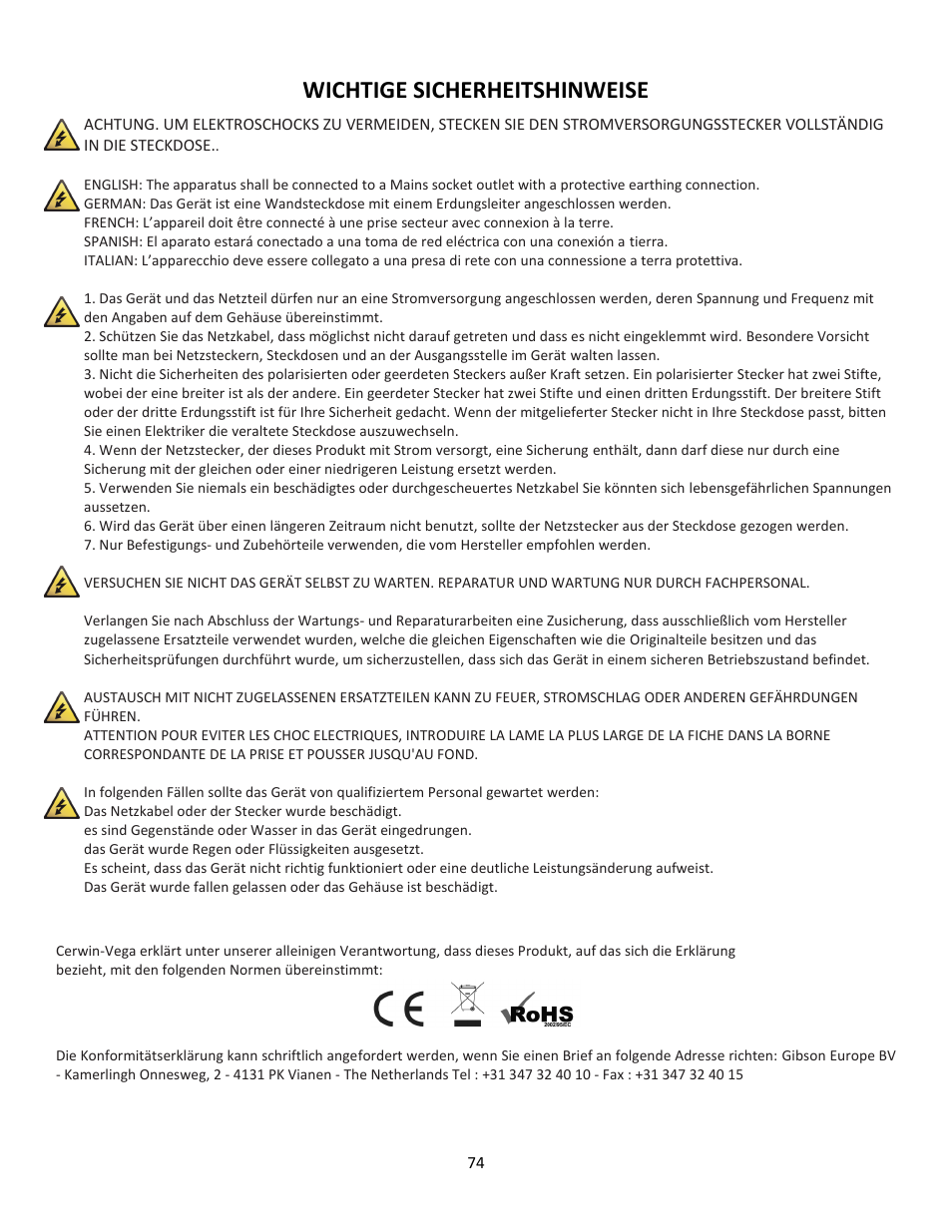 Wichtige sicherheitshinweise | Cerwin-Vega Professional Audio Mixer CVM-1022 User Manual | Page 74 / 96