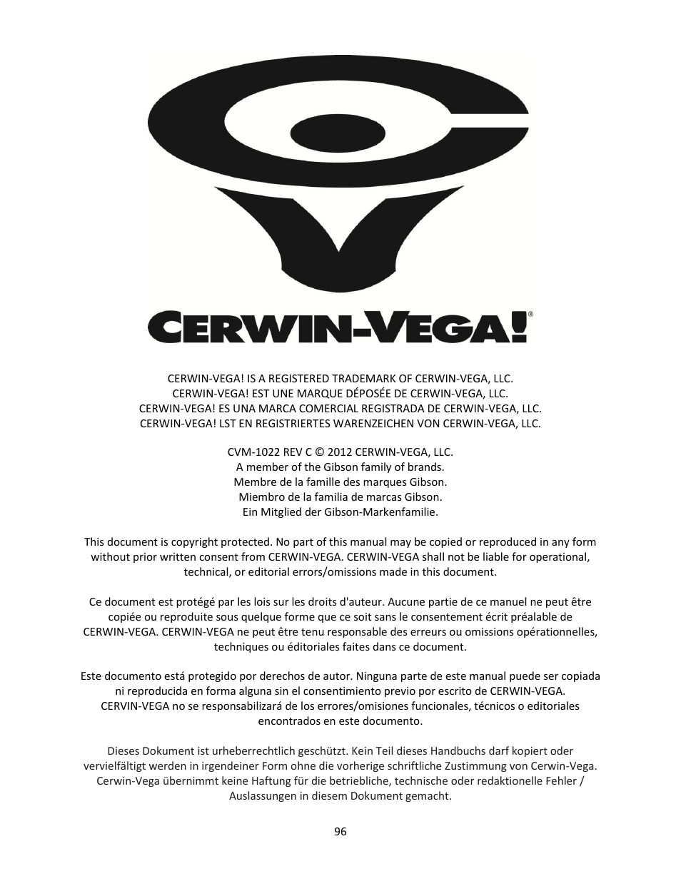 Cerwin-Vega Professional Audio Mixer CVM-1022 User Manual | Page 96 / 96