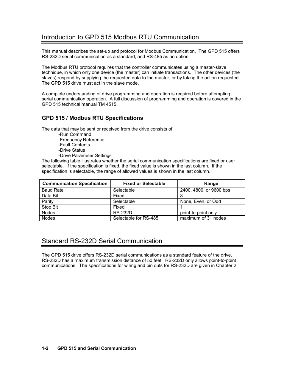 Introduction to gpd 515 modbus rtu communication, Standard rs-232d serial communication | Yaskawa GPD 515-G5 Modbus RTU User Manual | Page 6 / 77