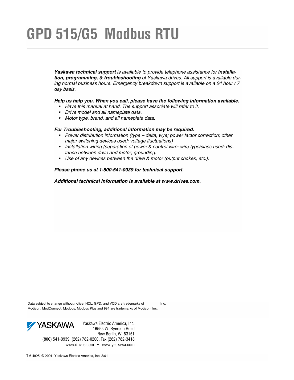 Gpd 515/g5 modbus rtu | Yaskawa GPD 515-G5 Modbus RTU User Manual | Page 77 / 77