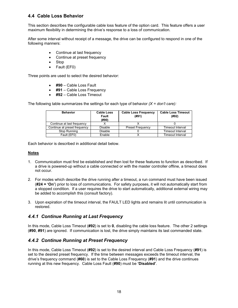 4 cable loss behavior, 1 continue running at last frequency, 2 continue running at preset frequency | Yaskawa GPD506/P5 with Apogee FLN Option User Manual | Page 19 / 26