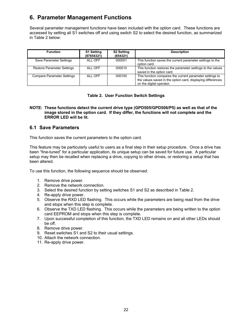 Parameter management functions, 1 save parameters | Yaskawa GPD506/P5 with Apogee FLN Option User Manual | Page 23 / 26