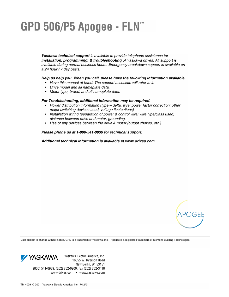 Gpd 506/p5 apogee - fln | Yaskawa GPD506/P5 with Apogee FLN Option User Manual | Page 26 / 26
