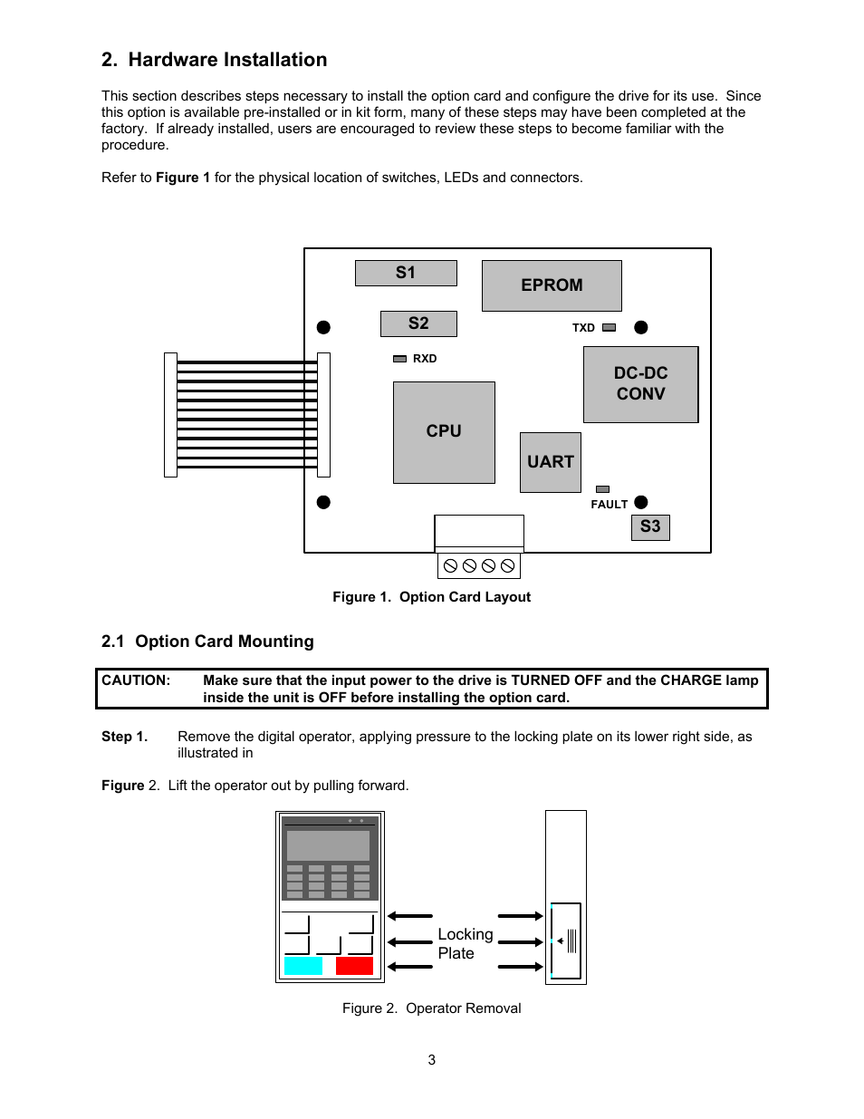 Hardware installation, 1 option card mounting | Yaskawa GPD506/P5 with Apogee FLN Option User Manual | Page 4 / 26