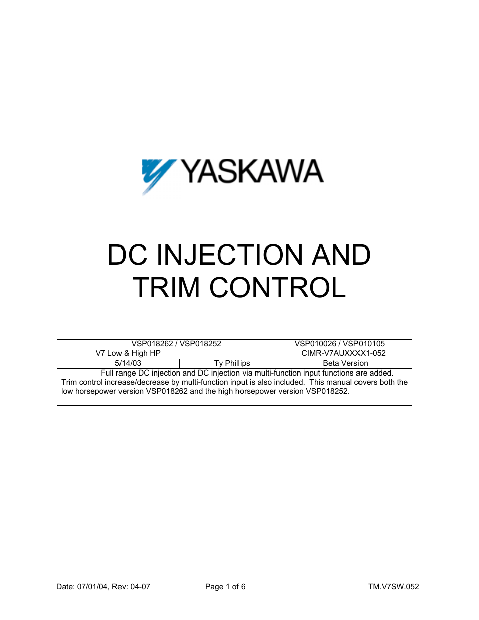 Yaskawa CIMR-V7AUXXXX1-052 User Manual | 6 pages