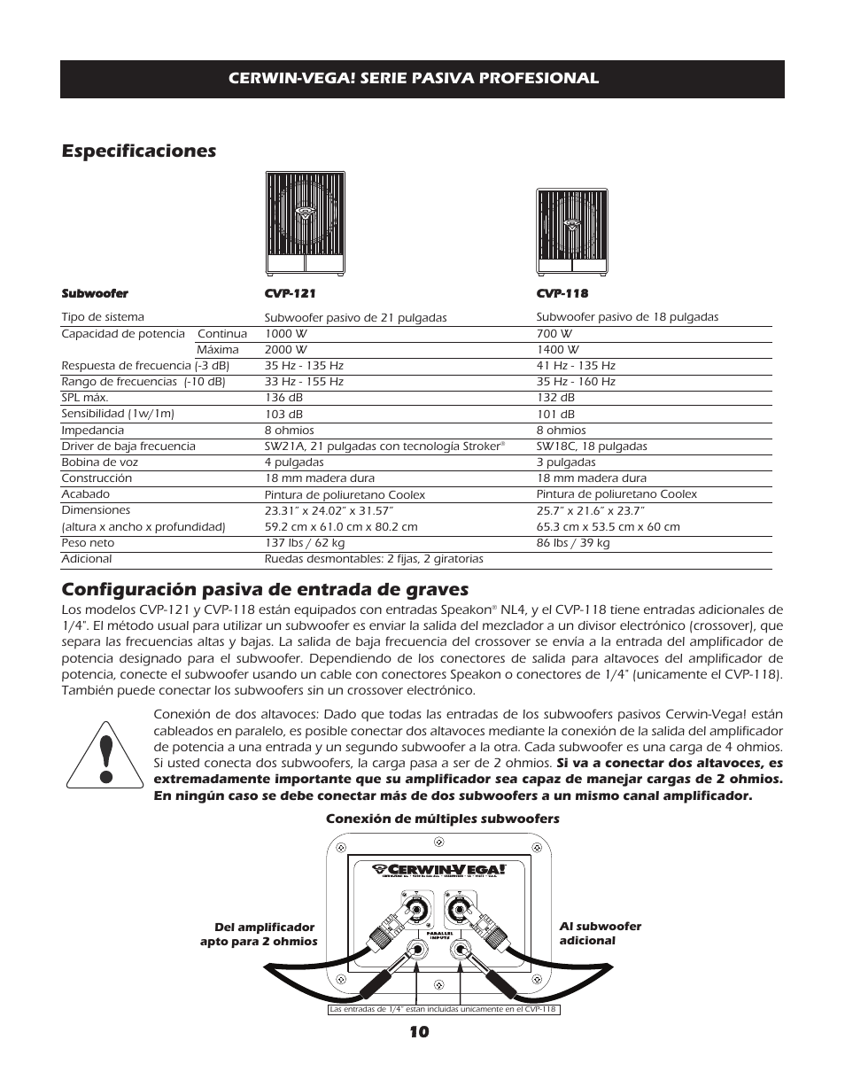Especificaciones, Configuración pasiva de entrada de graves, Configuración­pasiva­de­entrada­de­graves | 10 cerwin-vega!­serie­pasiva­profesional | Cerwin-Vega CVP-118 User Manual | Page 10 / 12