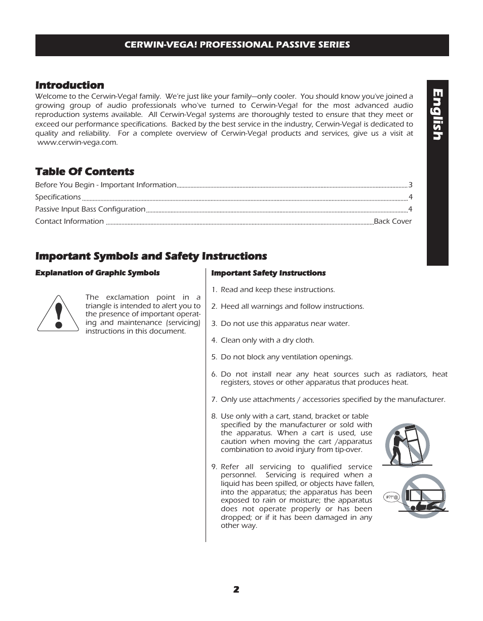 English, Important symbols and safety instructions, En g lis h | Table­of­contents, Introduction, Important­symbols­and­safety­instructions | Cerwin-Vega CVP-118 User Manual | Page 2 / 12