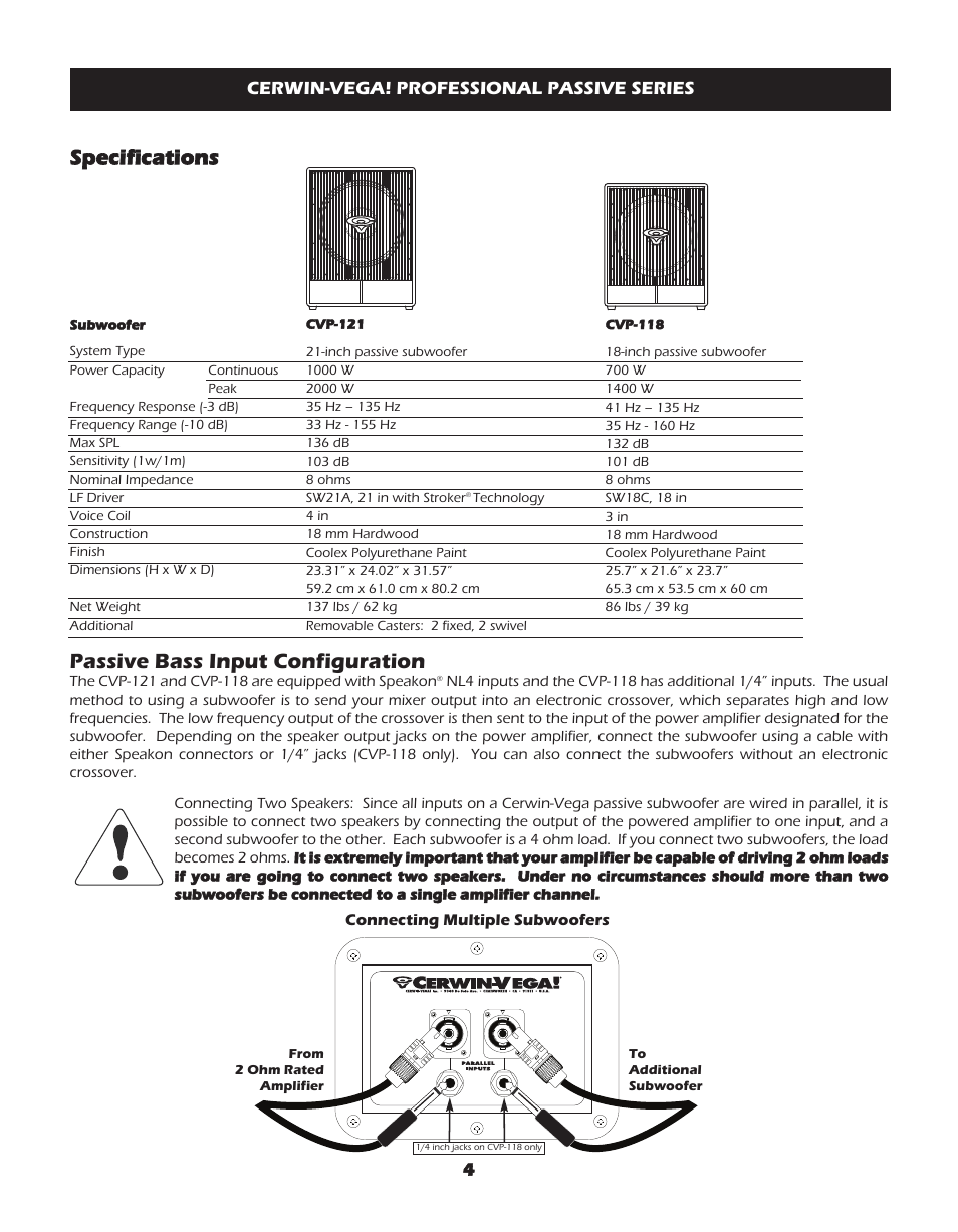 Specifications, Passive bass input configuration, Passive­bass­input­configuration | Cerwin-vega!­professional­passive­series | Cerwin-Vega CVP-118 User Manual | Page 4 / 12