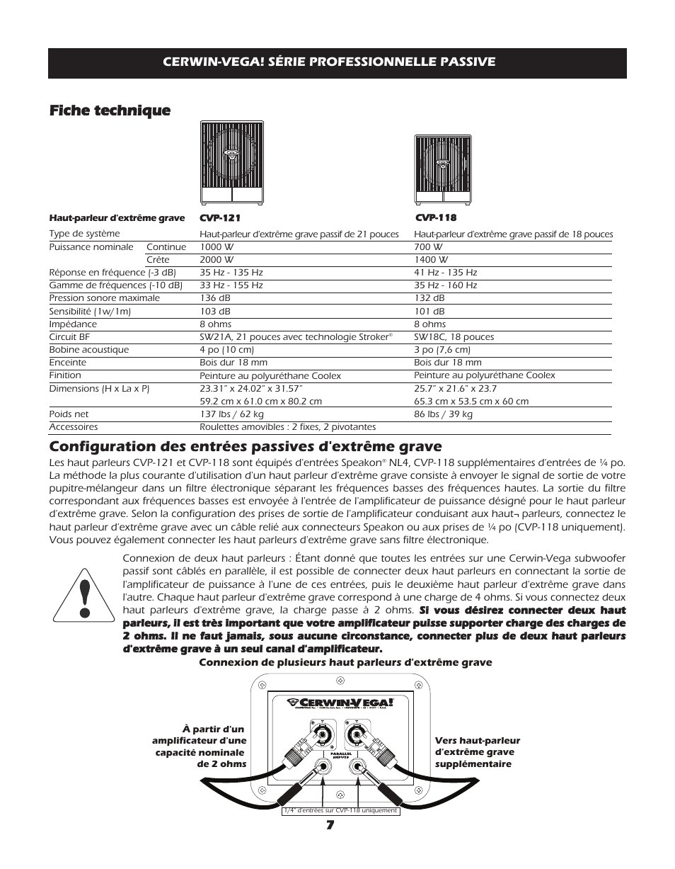 Fiche technique, Configuration des entrées passives d'extrême grave, Configuration­des­entrées­passives­d'extrême­grave | Fiche­technique, 7cerwin-vega!­série­professionnelle­passive | Cerwin-Vega CVP-118 User Manual | Page 7 / 12