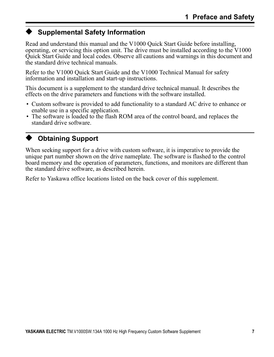 Supplemental safety information, Obtaining support | Yaskawa 1000 Hz High Frequency Custom User Manual | Page 7 / 19