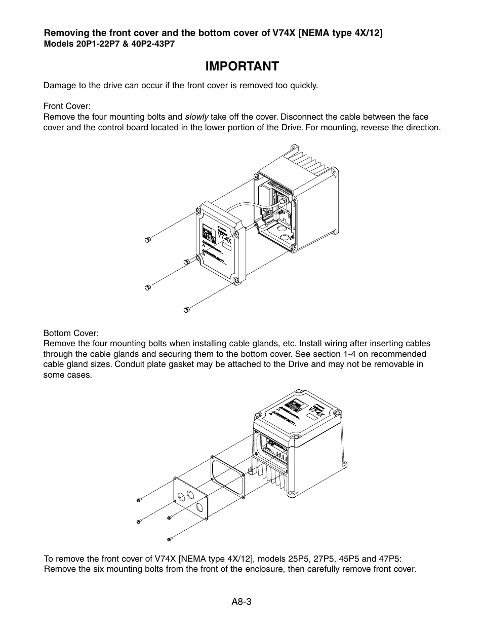 Nema 4x/12, Important | Yaskawa V7 Drives User Manual | Page 151 / 158