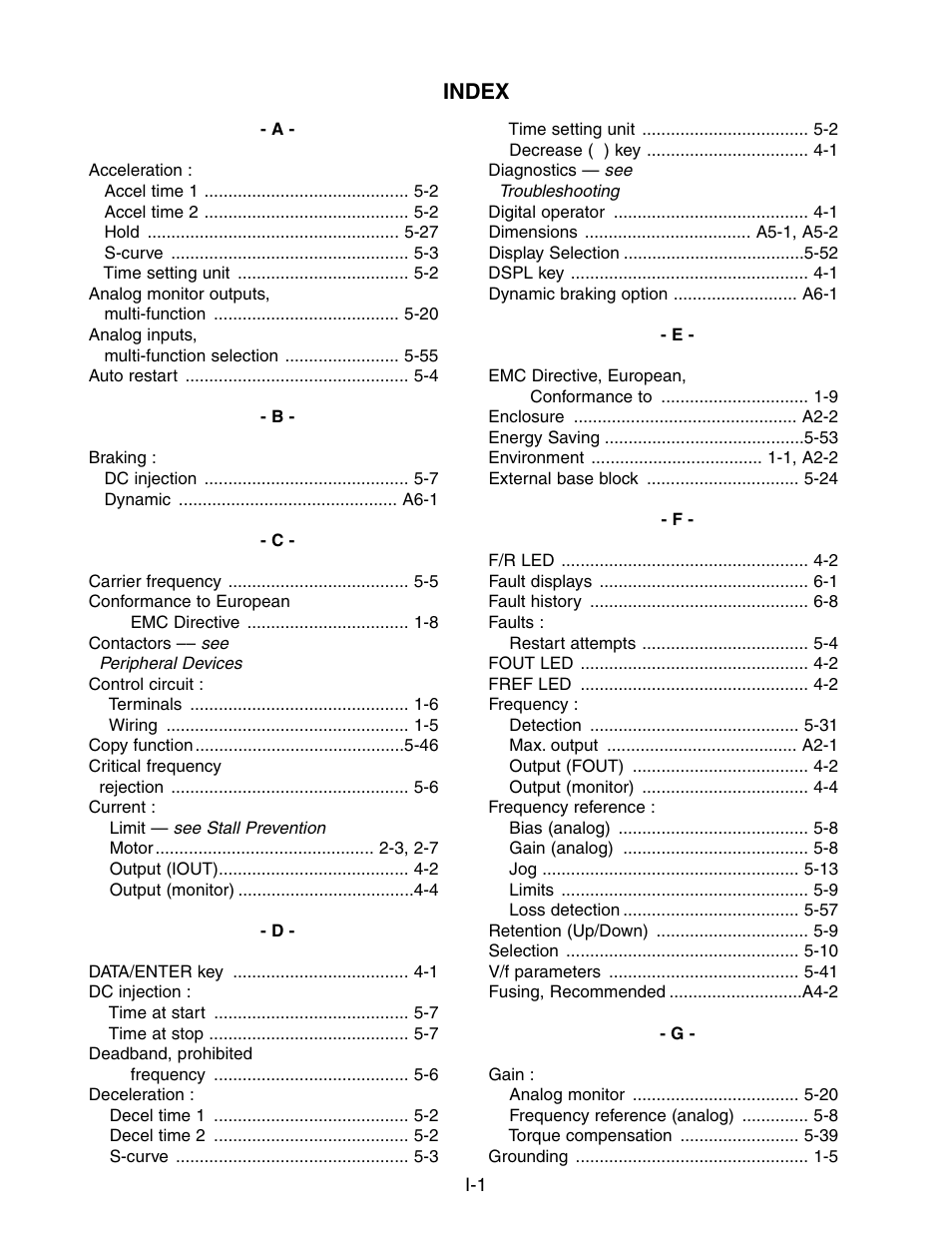 Index | Yaskawa V7 Drives User Manual | Page 153 / 158