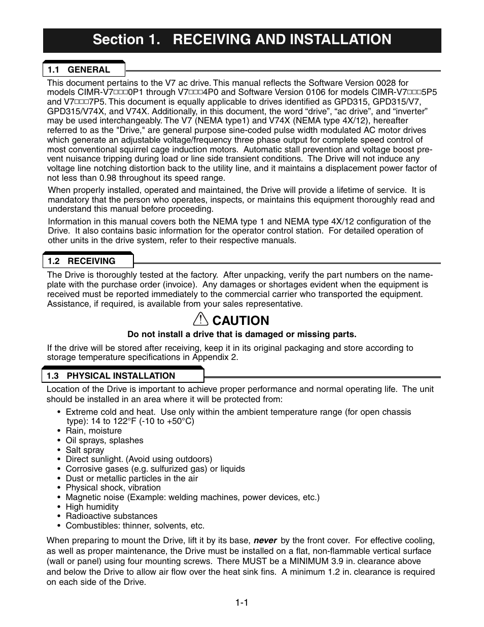 Chapter 1 - receiving / installation, 1 general, 2 receiving | 3 physical installation, Receiving / installation -1, General -1, Receiving -1, Physical installation -1, Caution | Yaskawa V7 Drives User Manual | Page 19 / 158