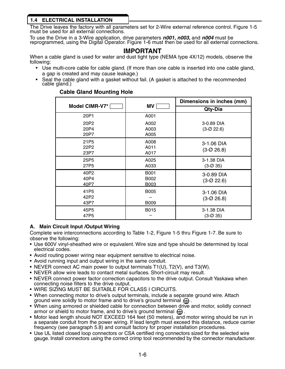 4 electrical installation, Electrical installation -6, Important | Yaskawa V7 Drives User Manual | Page 24 / 158