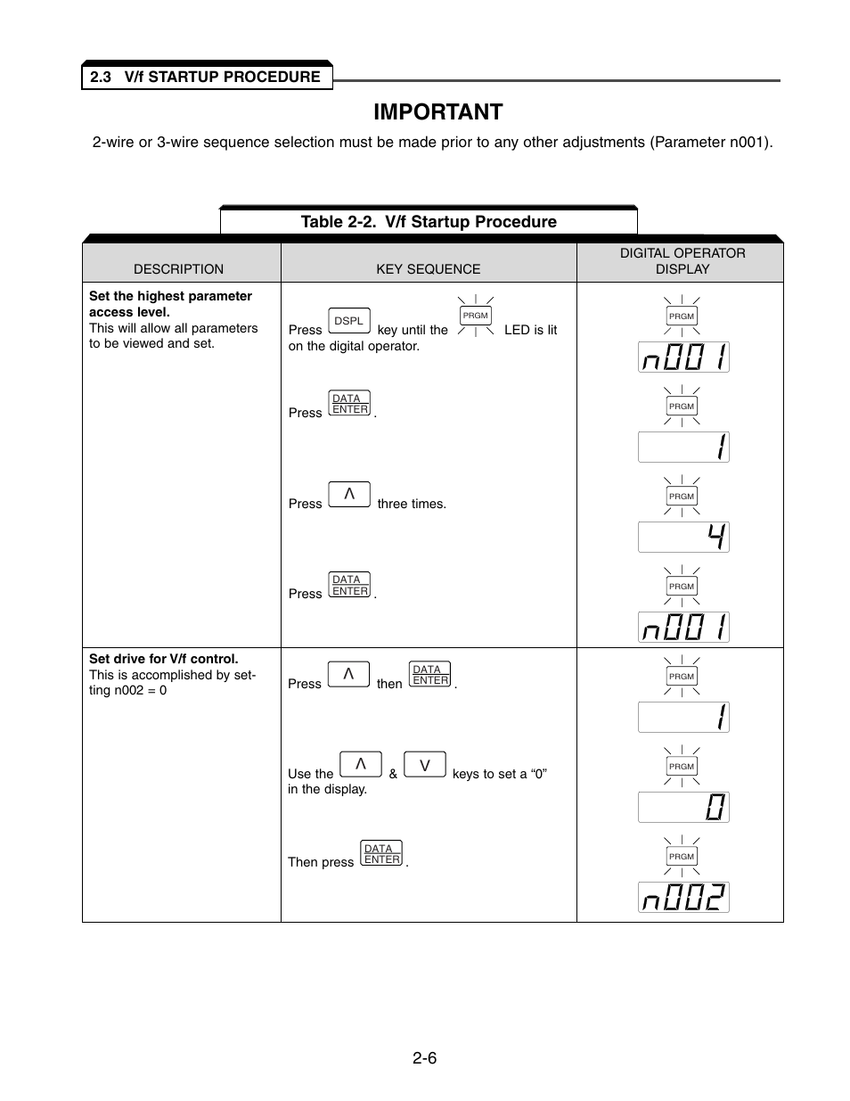 3 v/f startup procedure, V/f startup procedure -6, Important | Table 2-2. v/f startup procedure | Yaskawa V7 Drives User Manual | Page 42 / 158