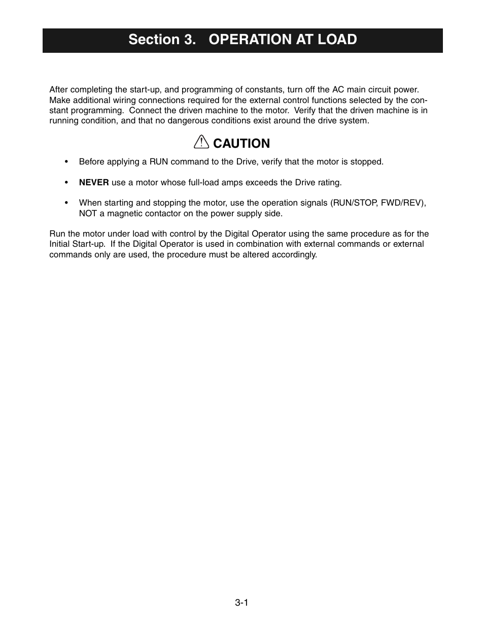Chapter 3 - operation at load, Operation at load -1, Caution | Yaskawa V7 Drives User Manual | Page 47 / 158