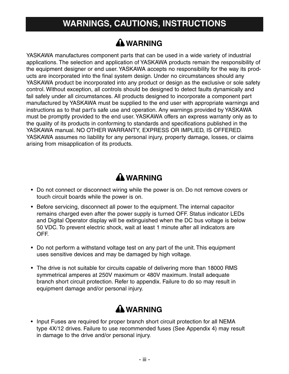 Warnings & cautions, Warnings, cautions, instructions, Warning | Yaskawa V7 Drives User Manual | Page 5 / 158
