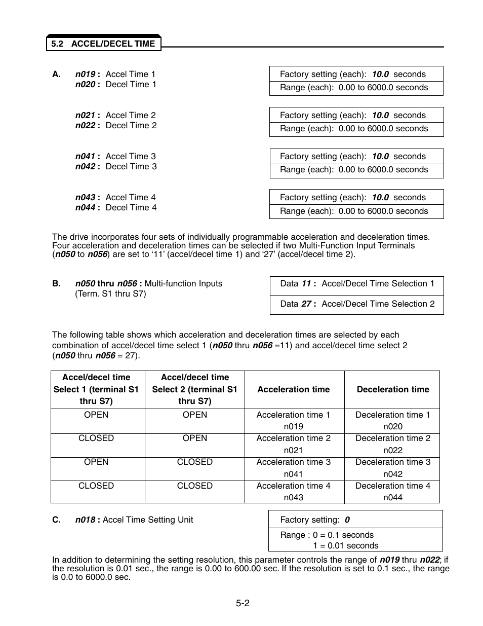2 accel/decel time, Accel/decel time -2 | Yaskawa V7 Drives User Manual | Page 54 / 158