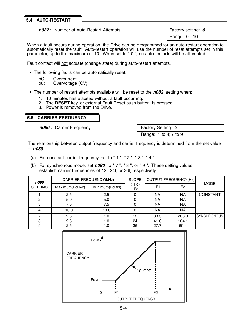 4 auto-restart, 5 carrier frequency, Auto-restart -4 | Yaskawa V7 Drives User Manual | Page 56 / 158