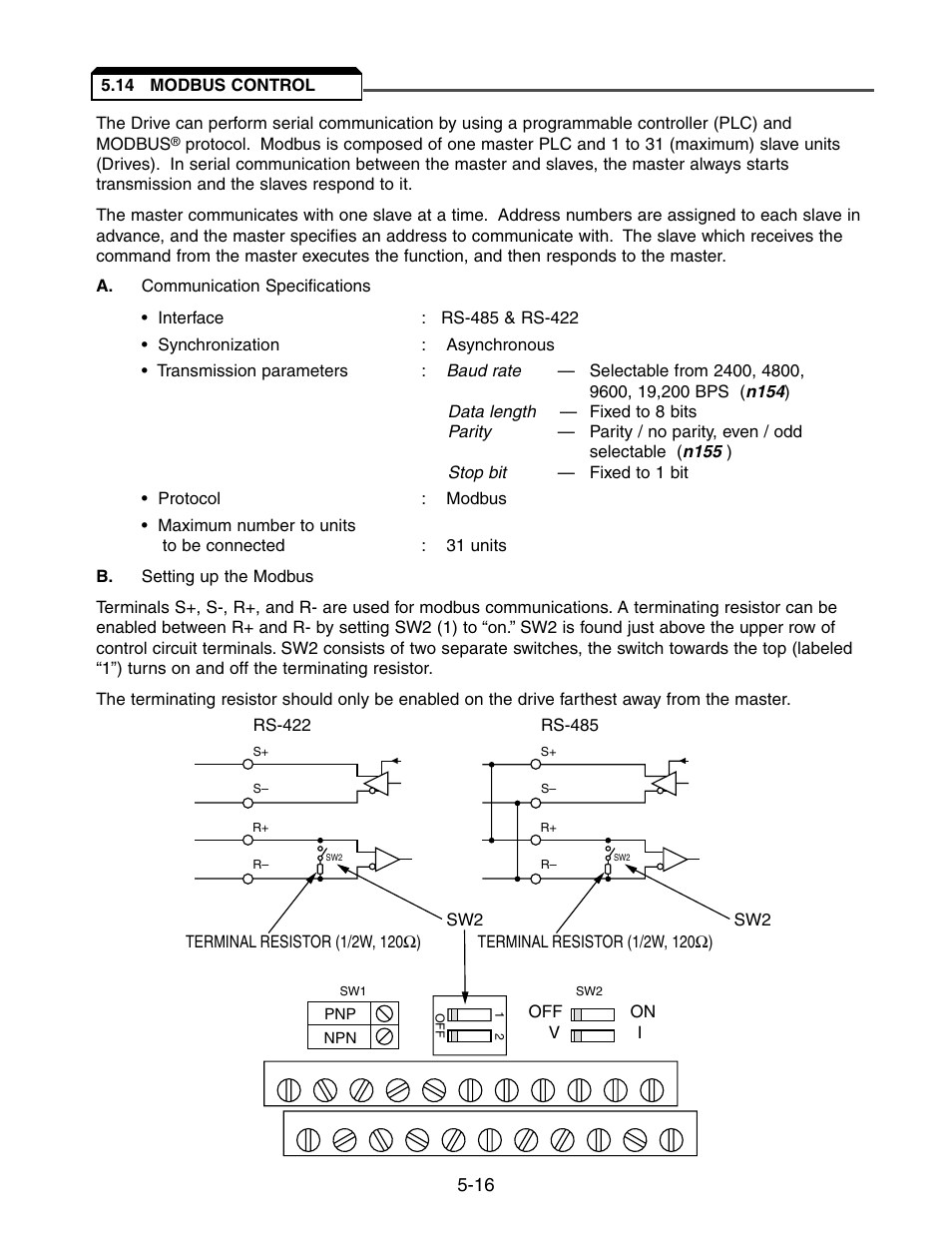 14 modbus control, Modbus control -16 | Yaskawa V7 Drives User Manual | Page 68 / 158