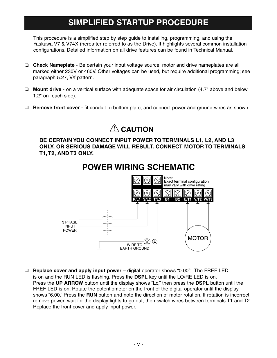 Drive simplified startup procedure, Power wiring schematic, Simplified startup procedure | Caution | Yaskawa V7 Drives User Manual | Page 7 / 158
