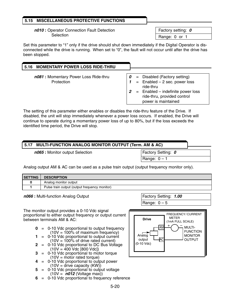 15 miscellaneous protective functions, 16 momentary power loss ride-thru, Miscellaneous protective functions -20 | Momentary power loss ride-thru -20 | Yaskawa V7 Drives User Manual | Page 72 / 158