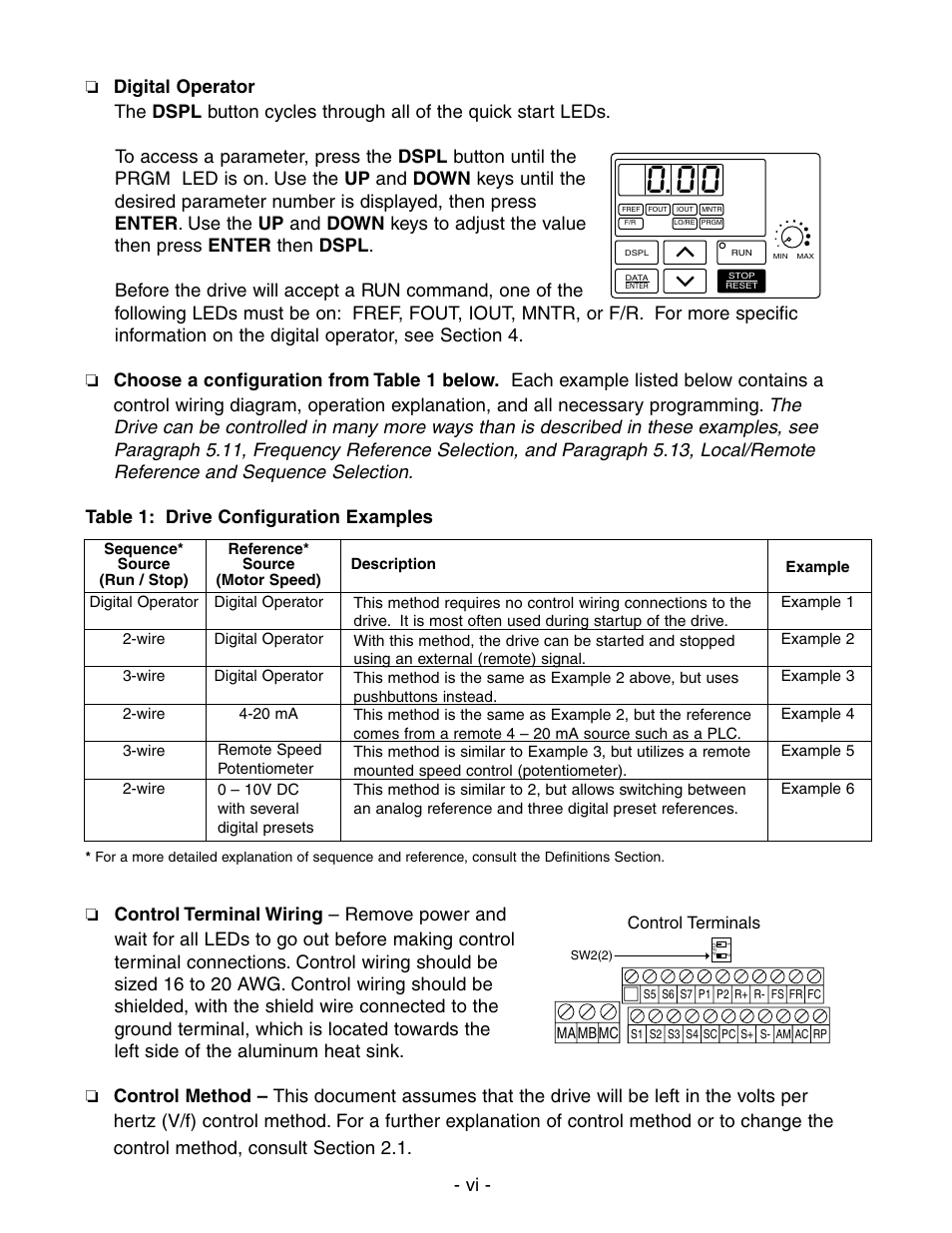 Table 1: drive configuration examples, Control terminals | Yaskawa V7 Drives User Manual | Page 8 / 158