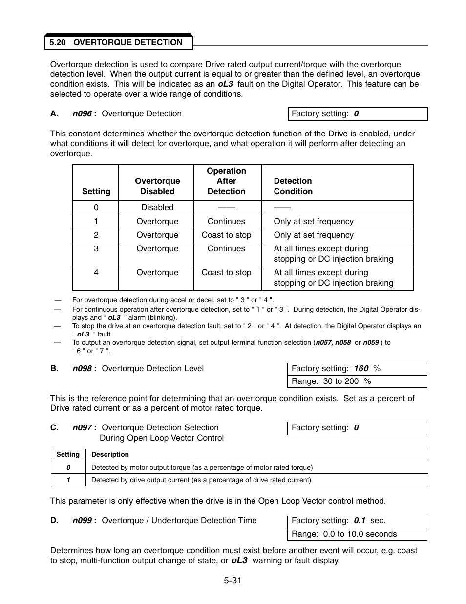 20 overtorque detection, Overtorque detection -31 | Yaskawa V7 Drives User Manual | Page 83 / 158