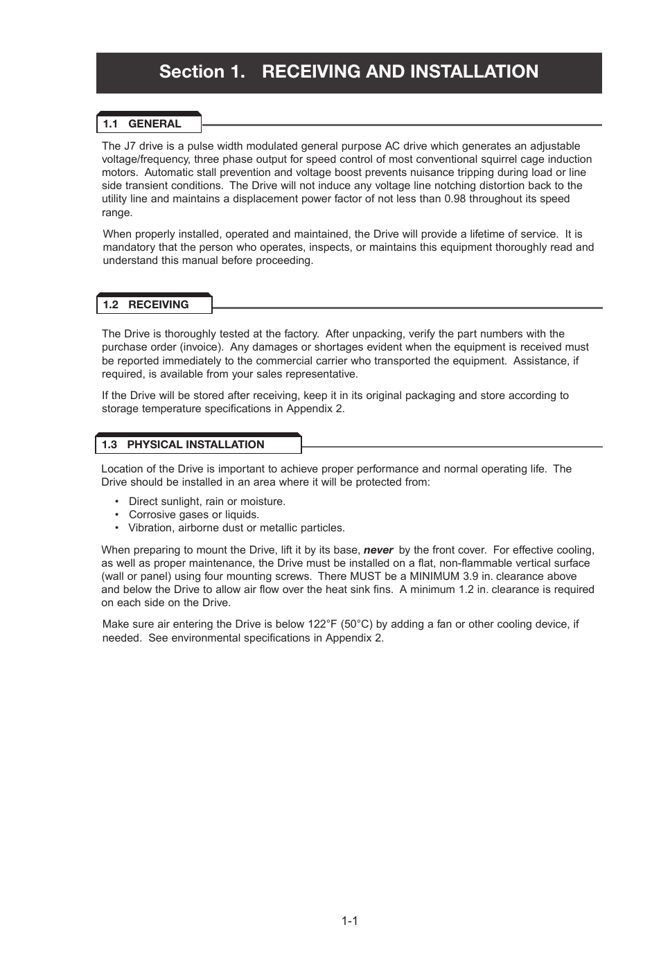 1 - receiving and installation, 1 general, 2 receiving | 3 physical installation, Receiving / installation, General -1, Receiving -1, Physical installation -1 | Yaskawa J7 Drive User Manual | Page 13 / 96