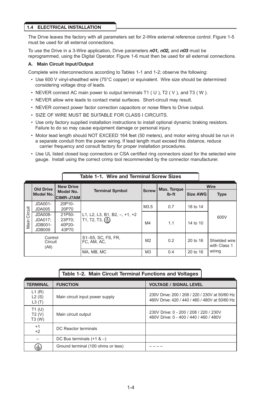 4 electrical installation, Electrical installation -4 | Yaskawa J7 Drive User Manual | Page 16 / 96