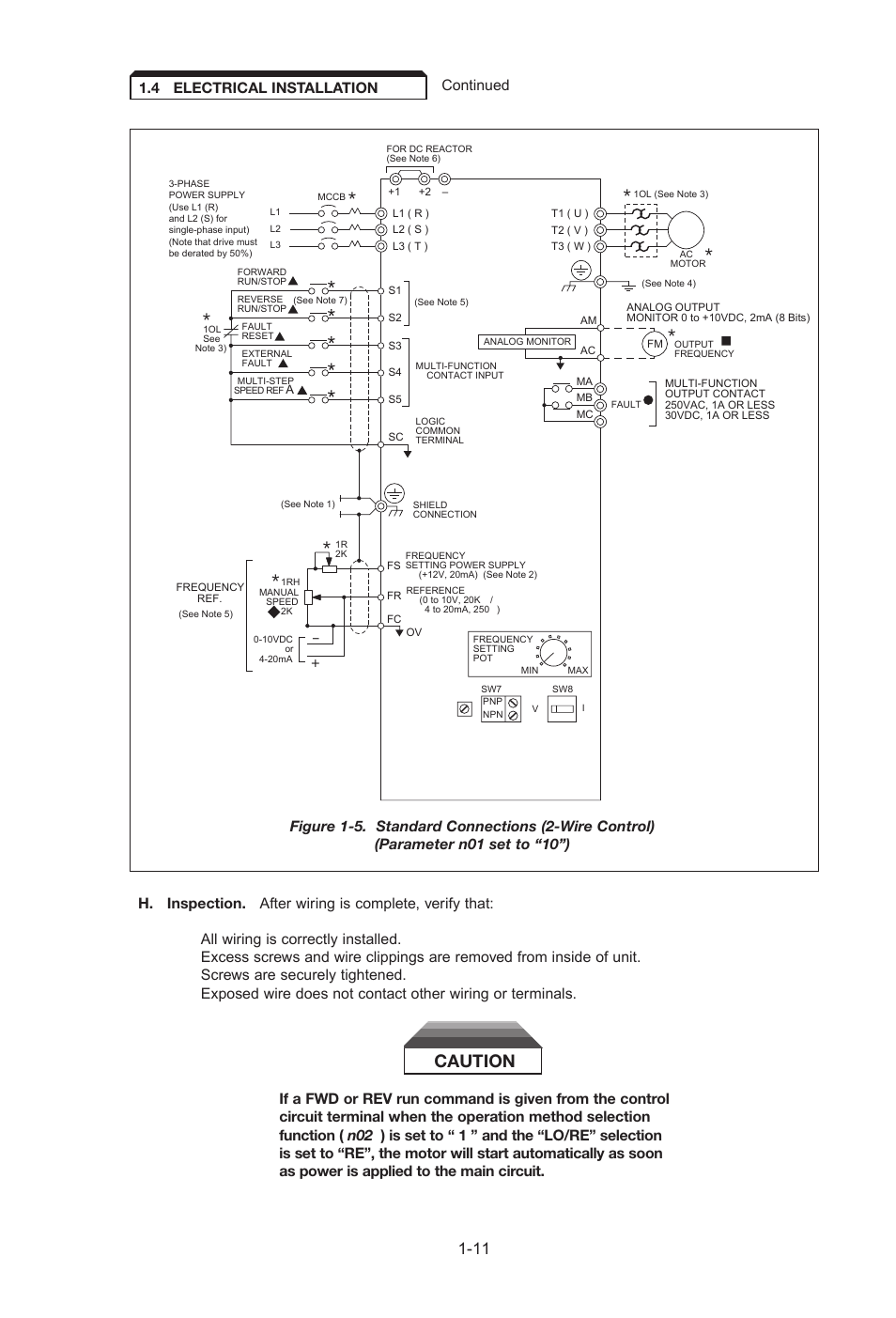 Caution, Continued 1.4 electrical installation | Yaskawa J7 Drive User Manual | Page 23 / 96