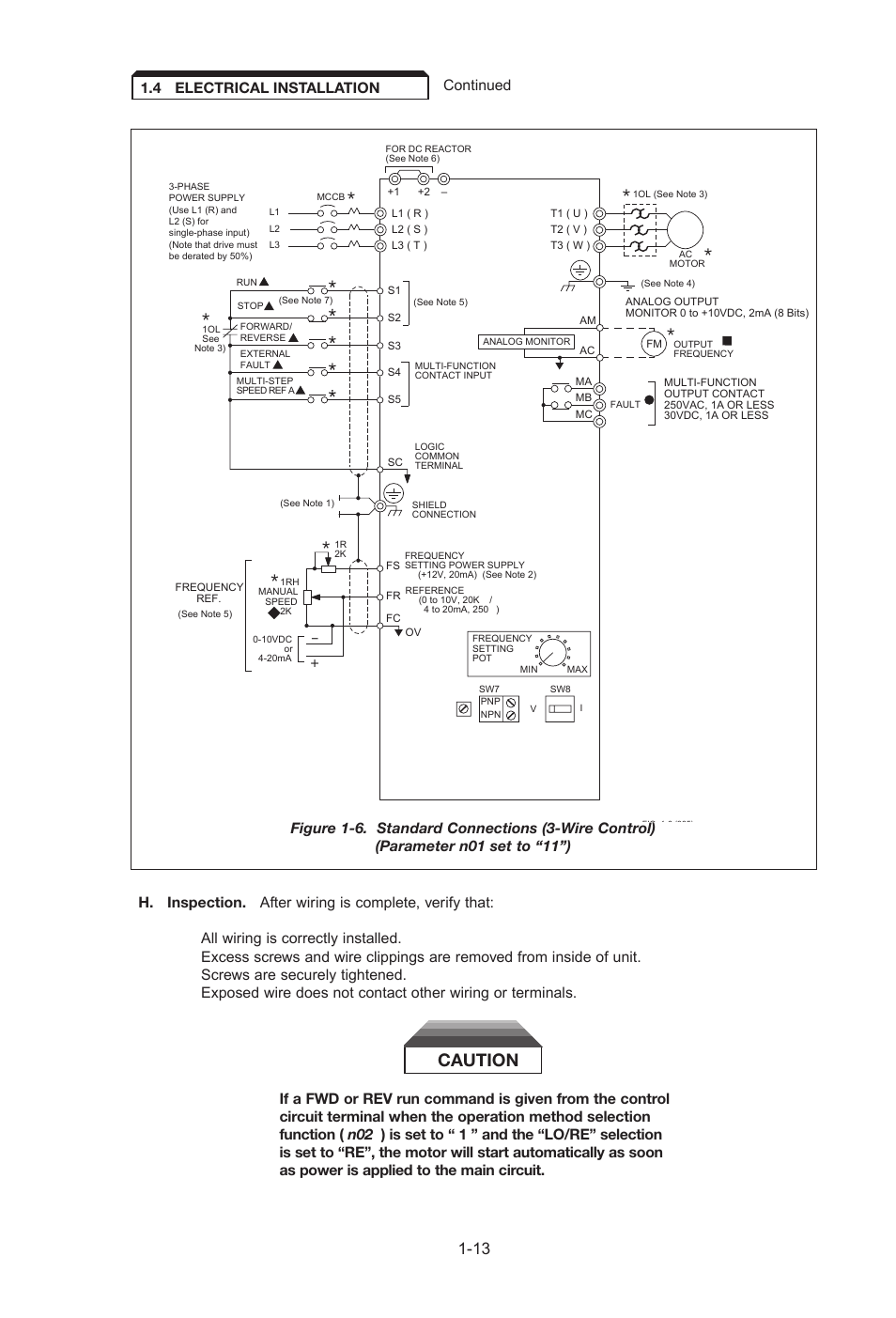 Caution, Continued 1.4 electrical installation | Yaskawa J7 Drive User Manual | Page 25 / 96