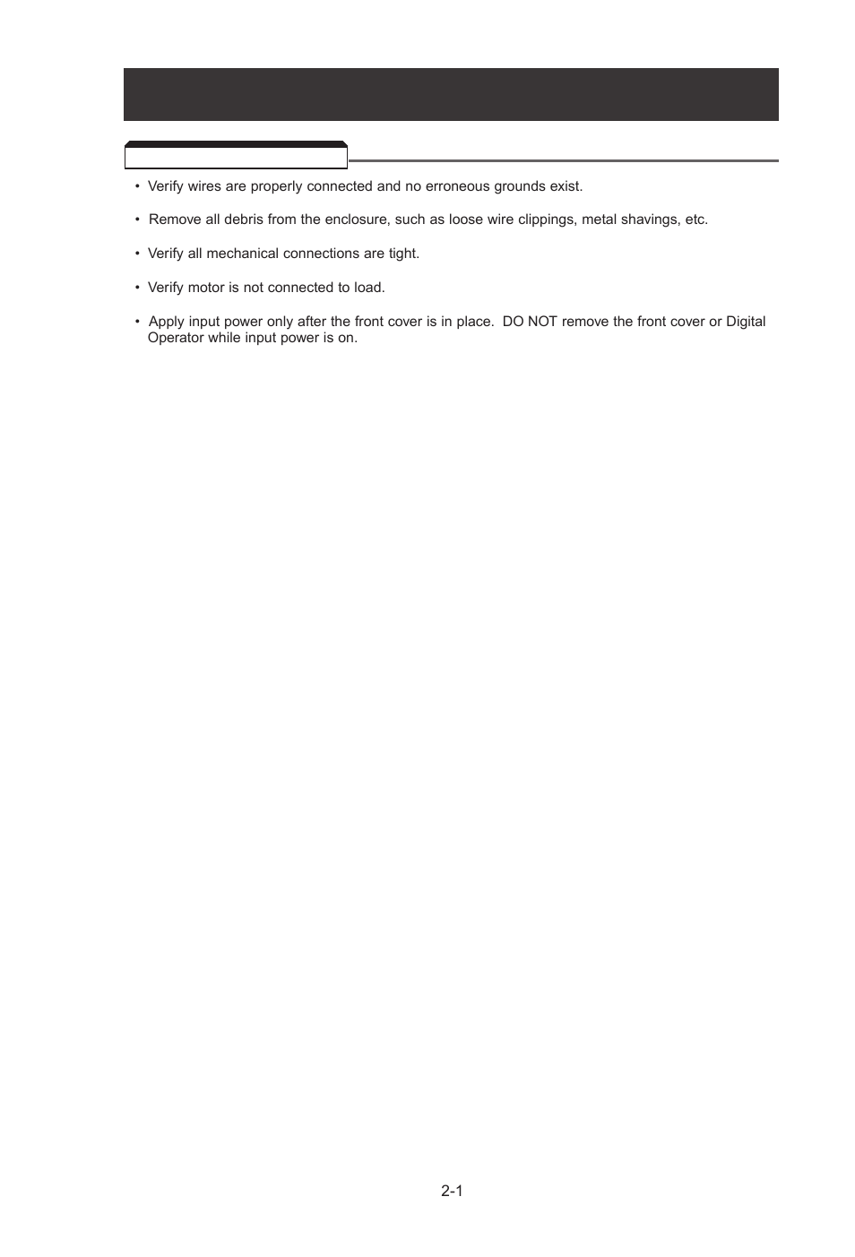 2 - initial start-up, 1 pre-power checks, Initial start-up | Pre-power checks -1 | Yaskawa J7 Drive User Manual | Page 26 / 96