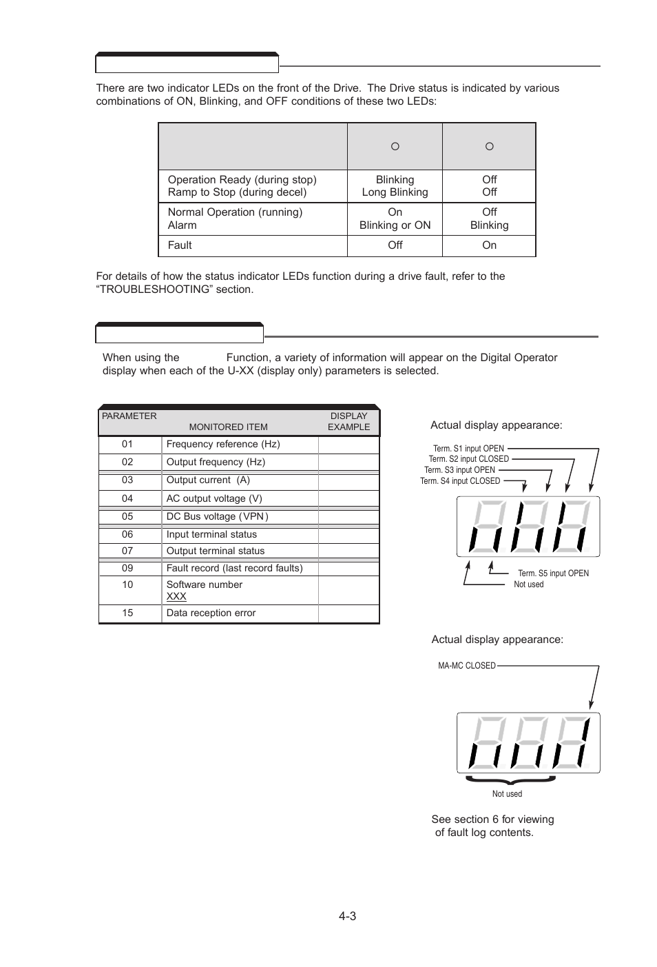 3 status indicator leds, 4 monitor displays, Status indicator leds -3 | Monitor displays -3 | Yaskawa J7 Drive User Manual | Page 34 / 96