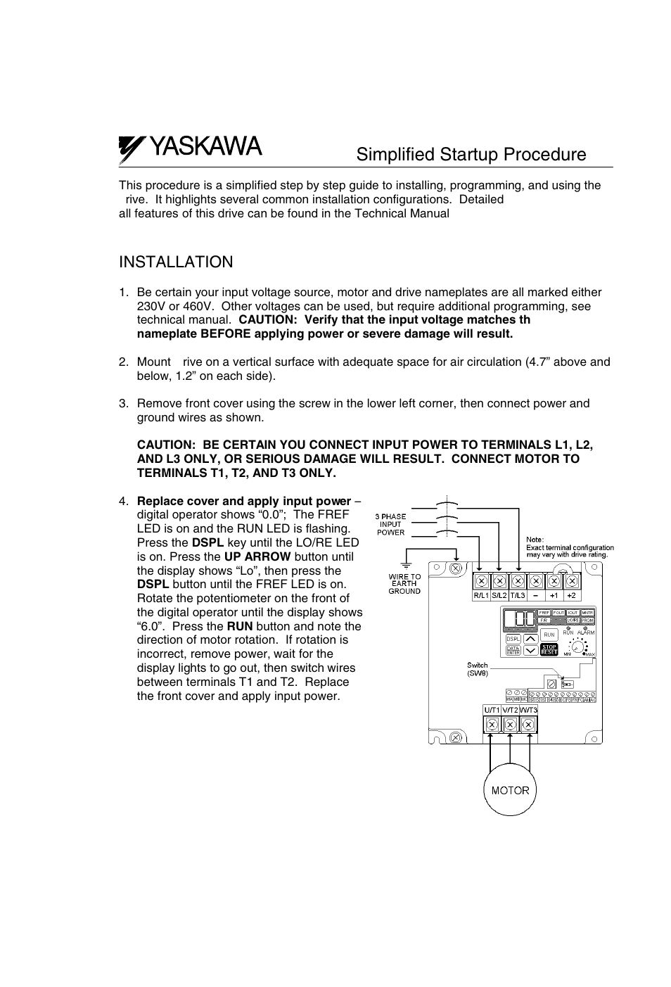 Simplified startup procedure, J7 simplified startup procedure, Installation | Yaskawa J7 Drive User Manual | Page 5 / 96