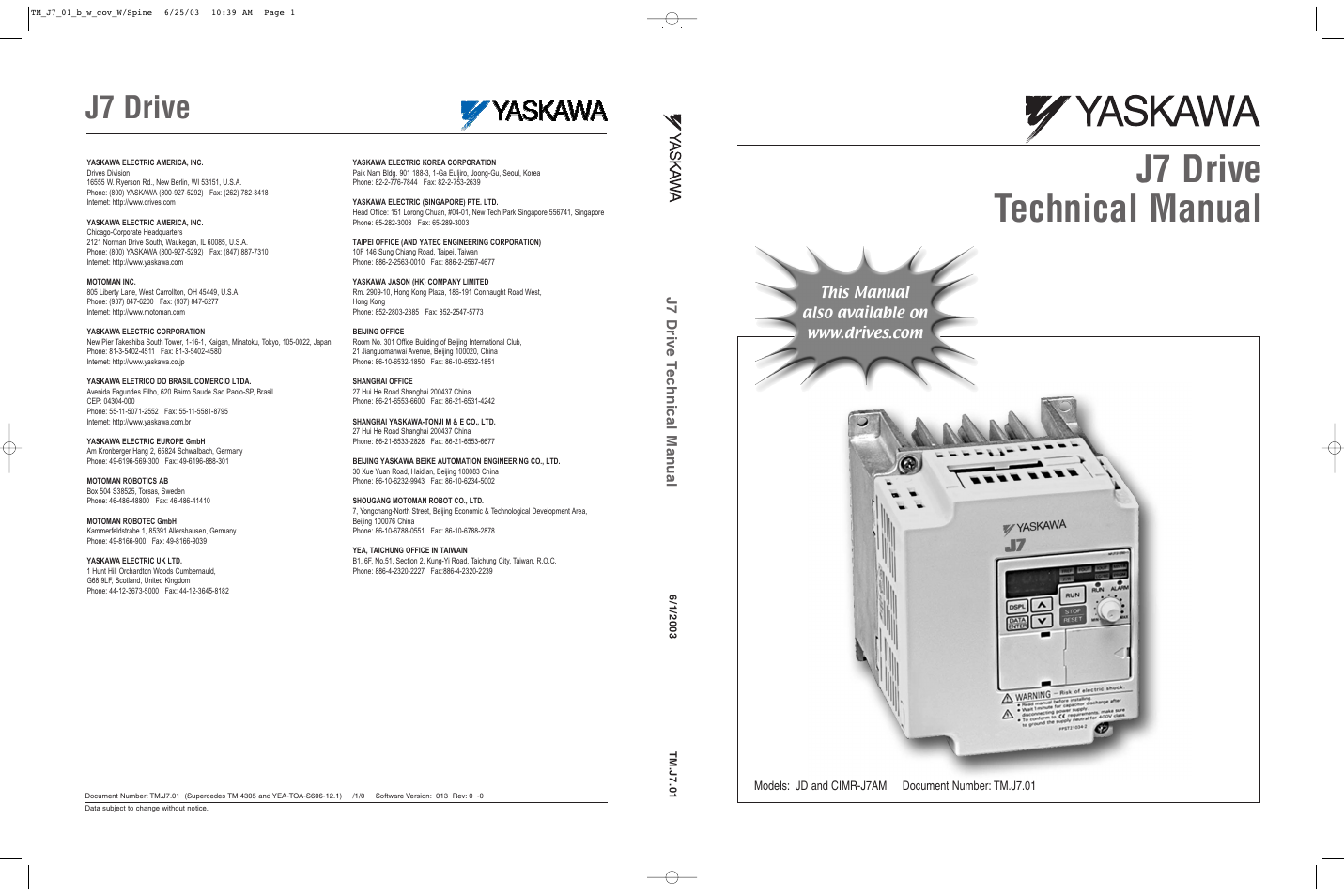 Rear cover, J7 drive technical manual, J7 drive | J7 drive t ec hnical man ual | Yaskawa J7 Drive User Manual | Page 96 / 96