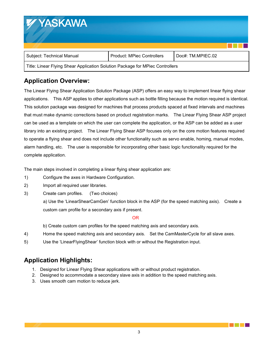 Application overview, Application highlights | Yaskawa MPiec Controllers User Manual | Page 3 / 17