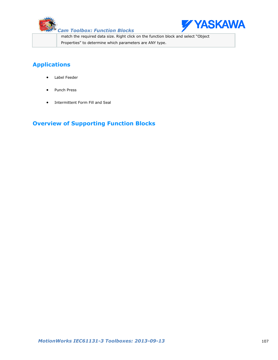 Applications, Overview of supporting function blocks | Yaskawa MotionWorks IEC Toolboxes User Manual | Page 120 / 592