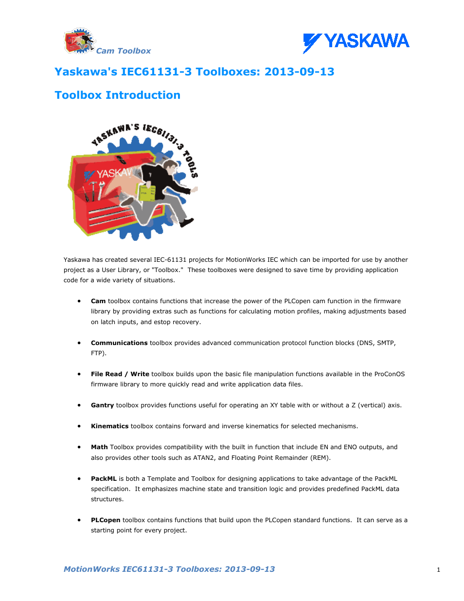 Yaskawa's iec61131-3 toolboxes: 2013-09-13, Toolbox introduction | Yaskawa MotionWorks IEC Toolboxes User Manual | Page 14 / 592
