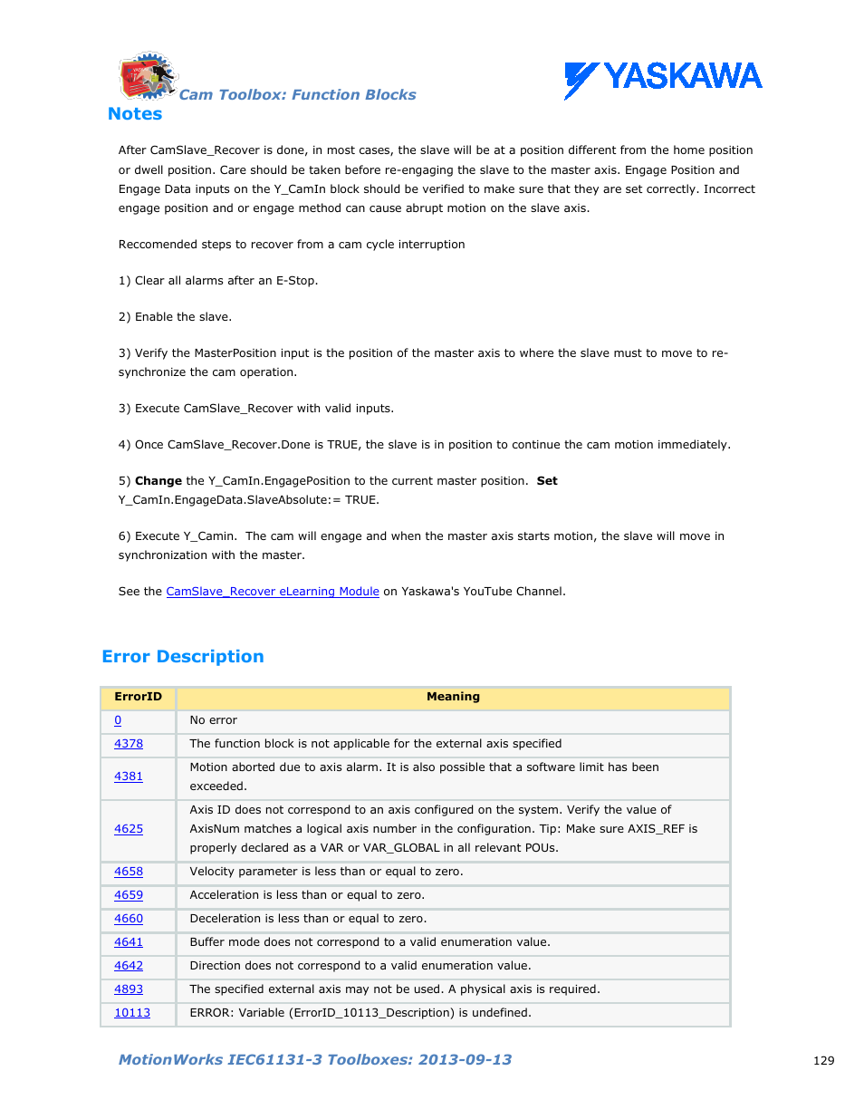Notes, Error description | Yaskawa MotionWorks IEC Toolboxes User Manual | Page 142 / 592