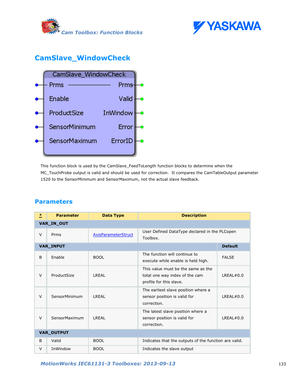 Camslave_windowcheck, Parameters | Yaskawa MotionWorks IEC Toolboxes User Manual | Page 146 / 592