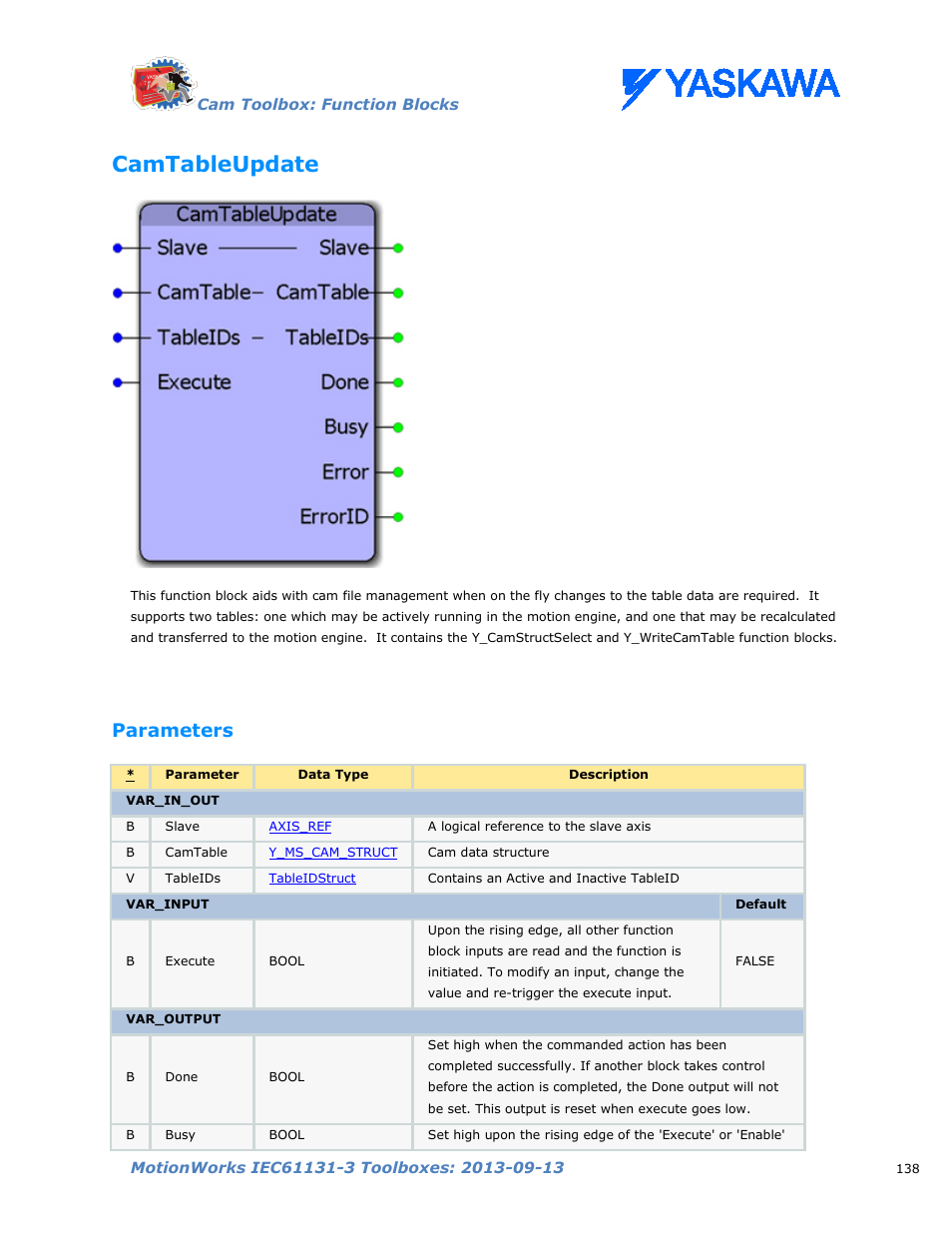 Camtableupdate, Parameters | Yaskawa MotionWorks IEC Toolboxes User Manual | Page 151 / 592